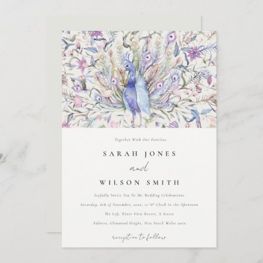 Pastel Classy  Waterverf Peacock Wedding Kaart (Voorkant / Achterkant)