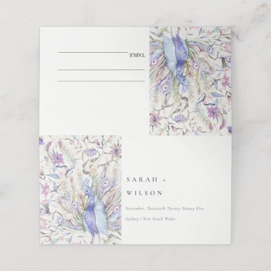 Pastel Classy  Waterverf Peacock Wedding Plaatskaartje (Buitenkant ongevouwen)