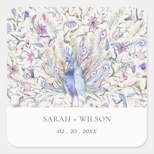 Pastel Classy  Waterverf Peacock Wedding Vierkante Sticker (Voorkant)
