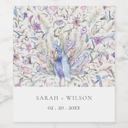 Pastel Classy  Waterverf Peacock Wedding Wijn Etiket (Enkel label)