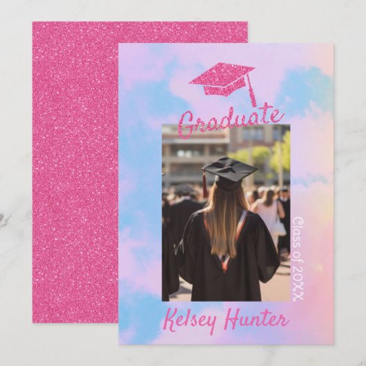 Pastel Clouds Afstuderen Era Lover Pink Glitter Aankondiging (Voorkant / Achterkant)