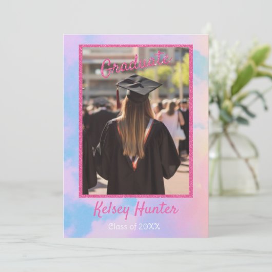 Pastel Clouds Afstuderen Era Lover Pink Glitter Aankondiging (Staand voorkant)