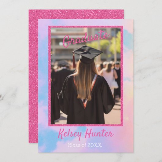 Pastel Clouds Afstuderen Era Lover Pink Glitter Aankondiging (Voorkant / Achterkant)