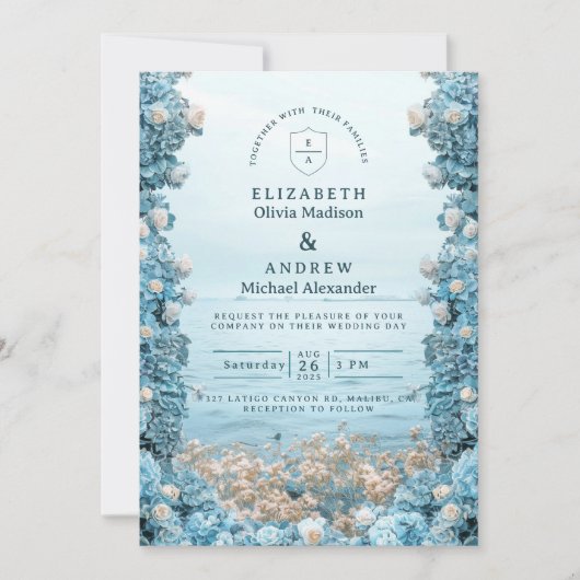 Pastel Coastal Blue Florals Wedding Kaart (Voorkant)