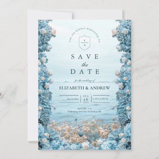 Pastel Coastal Blue Florals Wedding Save The Date (Voorkant)