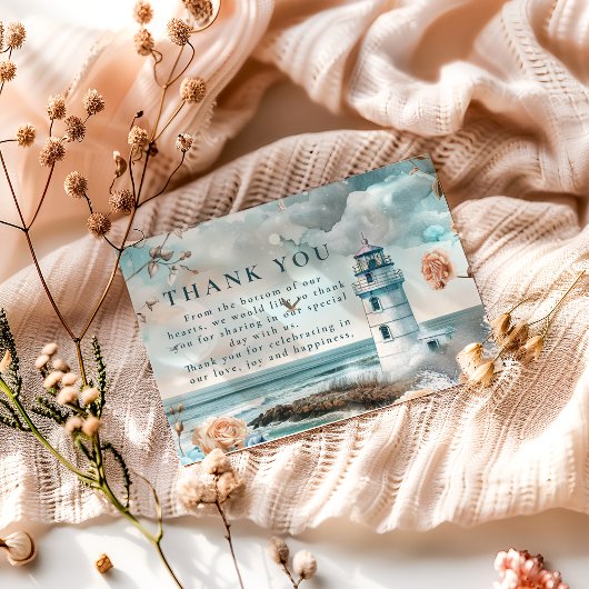 Pastel Coastal Lighthouse Ocean Wedding Bedankkaart