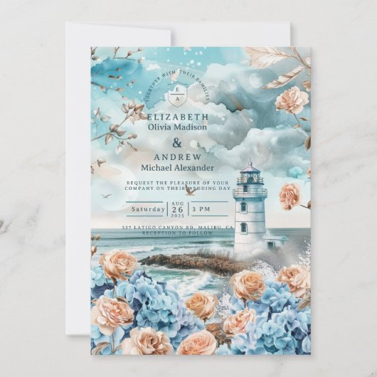 Pastel Coastal Lighthouse Ocean Wedding Kaart (Voorkant)