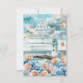 Pastel Coastal Lighthouse Ocean Wedding RSVP Kaartje (Voorkant)