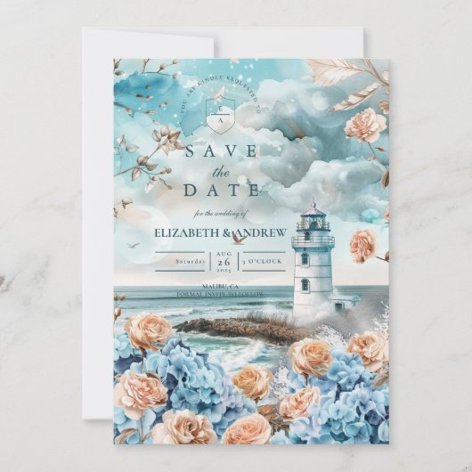 Pastel Coastal Lighthouse Ocean Wedding Save The Date (Voorkant)
