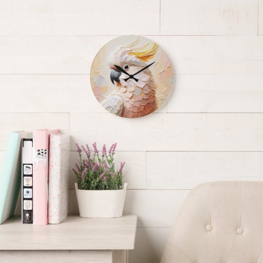 Pastel Cockatoo Wall Clock – Soft Impasto Bird Art Grote Klok (Leeskamer)
