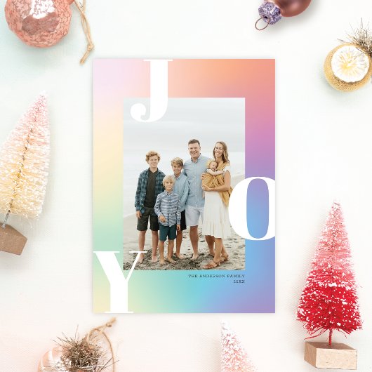 Pastel Color Gradient JOY Holiday Photo Card Feestdagenkaart