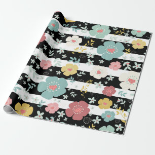 Pastel Colorful Flowers & Stripes Pattern Cadeaupapier