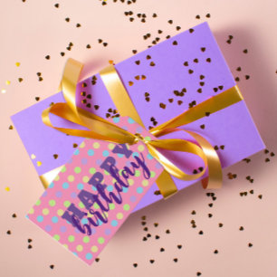 Pastel Colorful Polka Dot op roze Happy Birthday Cadeaulabel