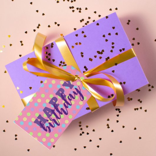 Pastel Colorful Polka Dot op roze Happy Birthday Cadeaulabel