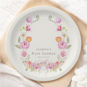 pastel coquette bloemenkrans baby shower papieren bordje