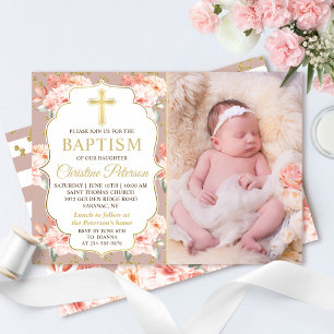 Pastel Coral Floral Gold Cross - Baptisme Foto Kaart