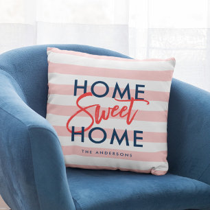 Pastel Coral Pink Stripes Blue Home Sweet Home Kussen