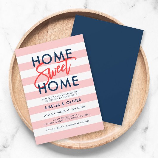 Pastel Coral Pink Stripes Blue Housewarming Party Kaart