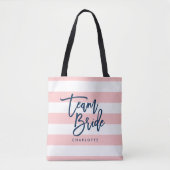 Pastel Coral Pink & White Stripes Blue Team Bride Tote Bag (Voorkant)