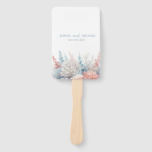 Pastel Coral Reef-Beach huwelijksprogramma Handwaaier (Voorkant)