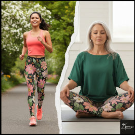 Pastel Coral Retro Floral Daisy Backdrop - black Leggings