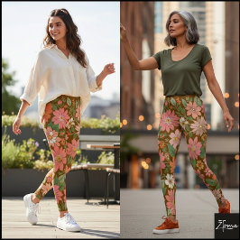 Pastel Coral Retro Floral Daisy Backdrop - Brown Leggings