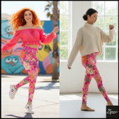 Pastel Coral Retro Floral Daisy Backdrop - Pink Leggings