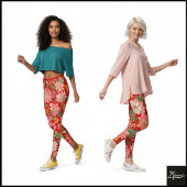 Pastel Coral Retro Floral Daisy Backdrop - Red Leggings