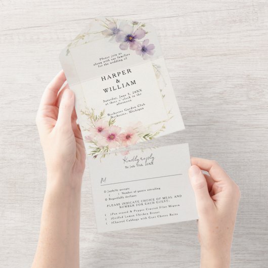 Pastel Cosmos Bloemen RSVP Bijgevoegde bruiloft All In One Uitnodiging (Afscheurbaar)