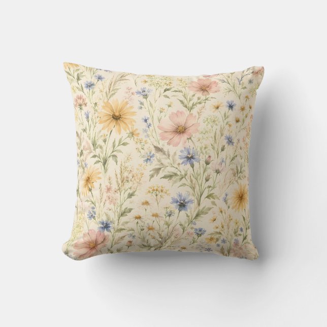 Pastel Cottage Wildebloem Waterverf Kussen (Voorkant)