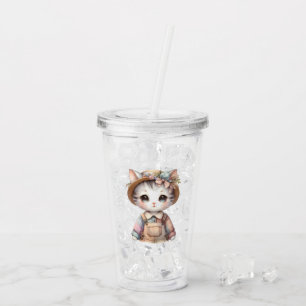 Pastel Cottagecore Cat in Overalls & Straw Pet Acryl Drinkbeker