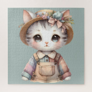 Pastel Cottagecore Cat in Overalls & Straw Pet Legpuzzel