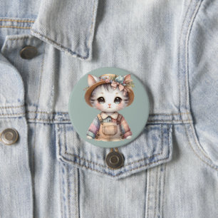 Pastel Cottagecore Cat in Overalls & Straw Pet Ronde Button 7,6 Cm
