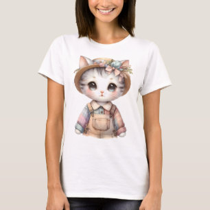 Pastel Cottagecore Cat in Overalls & Straw Pet T-shirt