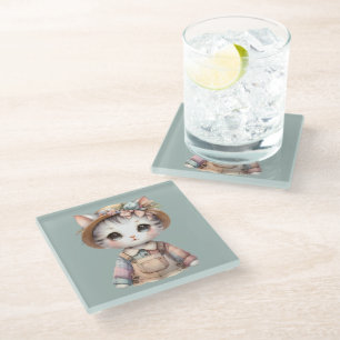 Pastel Cottagecore Kat in Overall en Strohoed Glazen Onderzetter