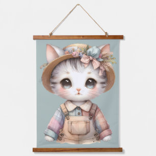 Pastel Cottagecore Kat in Overall en Strohoed Hangend Wandkleed