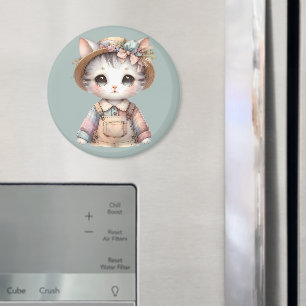 Pastel Cottagecore Kat in Overall en Strohoed Magneet