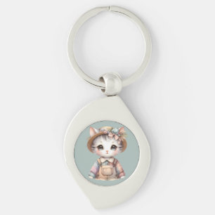 Pastel Cottagecore Kat in Overall en Strohoed Sleutelhanger
