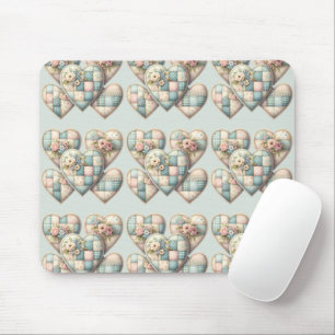 Pastel Cottagecore Patchwork Harten Muismat