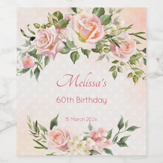 Pastel crème blush roze rozen op maat wijn etiket (Enkel label)