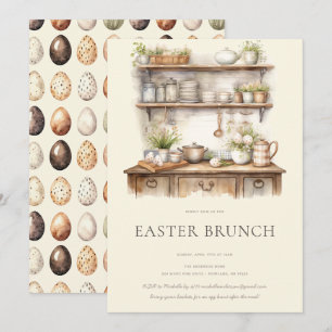 Pastel Crème & Bruine Vintage Keuken Pasen Brunch Kaart