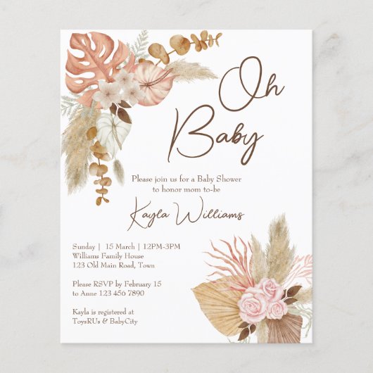 Pastel crème gedroogde bloemen boho budget uitnodi (Voorkant)