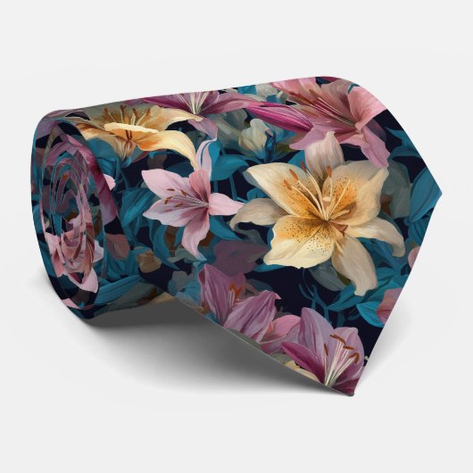 Pastel & Crème Lelie Bloemmotief Stropdas (Opgerold)