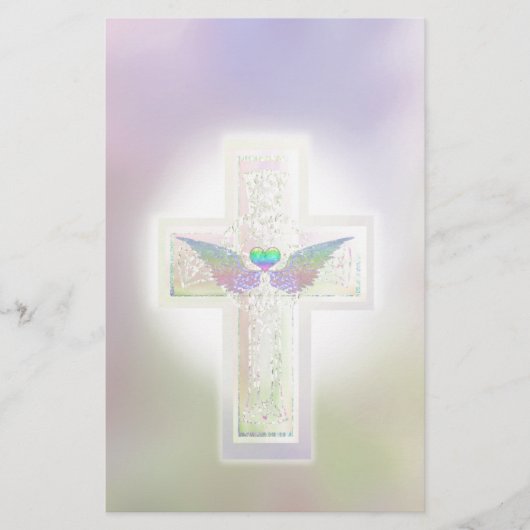 Pastel Cross met Heart en Angel Wings Briefpapier (Voorkant)