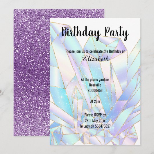 PASTEL CRYSTAL GLITTER BIRTHDAY INVITATIE KAART (Voorkant / Achterkant)