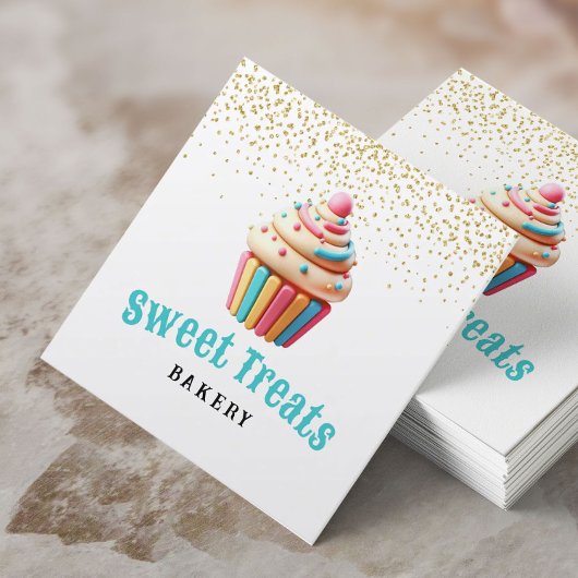 Pastel Cupcake Gold Confetti Bakkerij & banketbakk Vierkante Visitekaartje