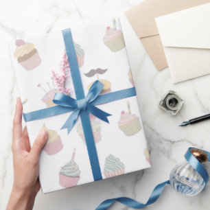 Pastel Cupcake Mustache Pattern Cadeaupapier