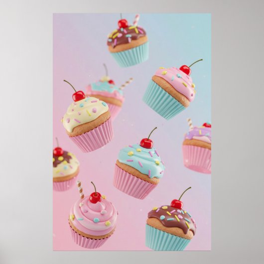 Pastel Cupcake Patroon op Roze Poster (Voorkant)
