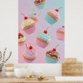 Pastel Cupcake Patroon op Roze Poster (Keuken)