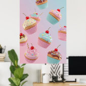 Pastel Cupcake Patroon op Roze Poster (Thuiskantoor)